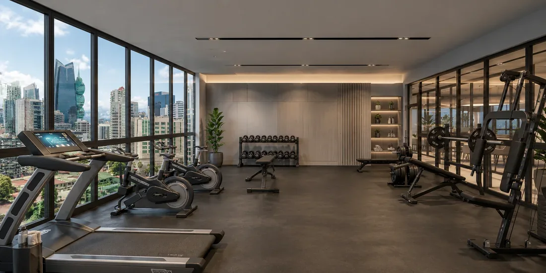Gimnasio con vista a la ciudad