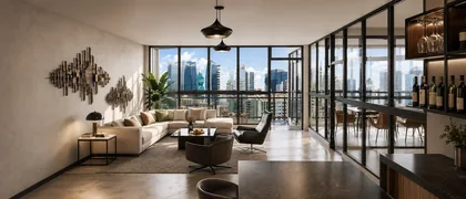 Lounge social con vista a la ciudad